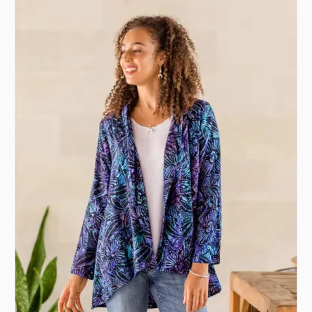 UNICEF/Novica black and royal blue floral batik long kimono jacket